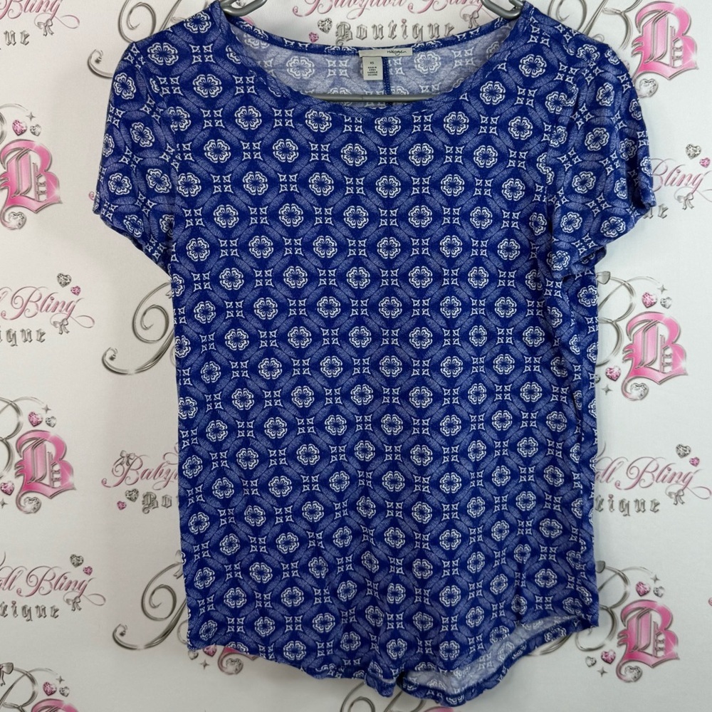 Halogen T-shirt paisley floral flowers blue Navy Geometric Short Sleeve Top
